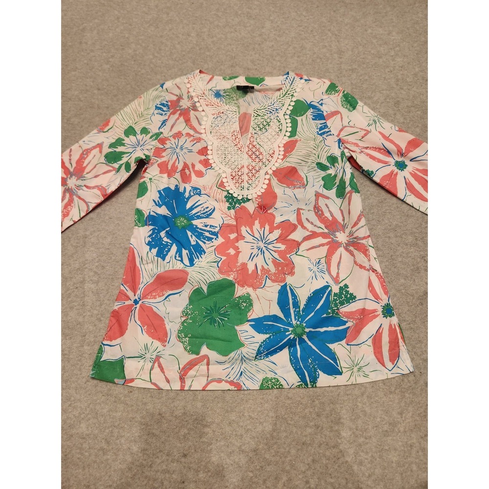 Talbots Tunic Top Woman's S‎ Petite Lace Applique Bib Anguilla Floral Cotton